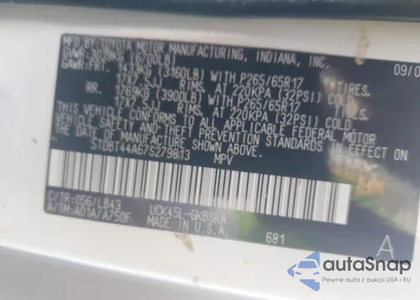 2007 Toyota Sequoia Sr5 from USA, damaged, VIN 5TDBT44A67S279813